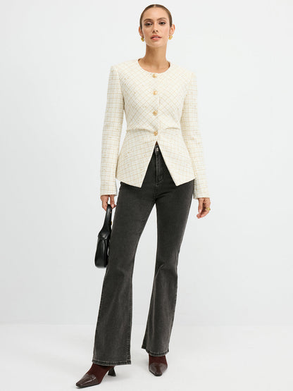 Tweed Round Neck Waist-Cinching Blazer 3