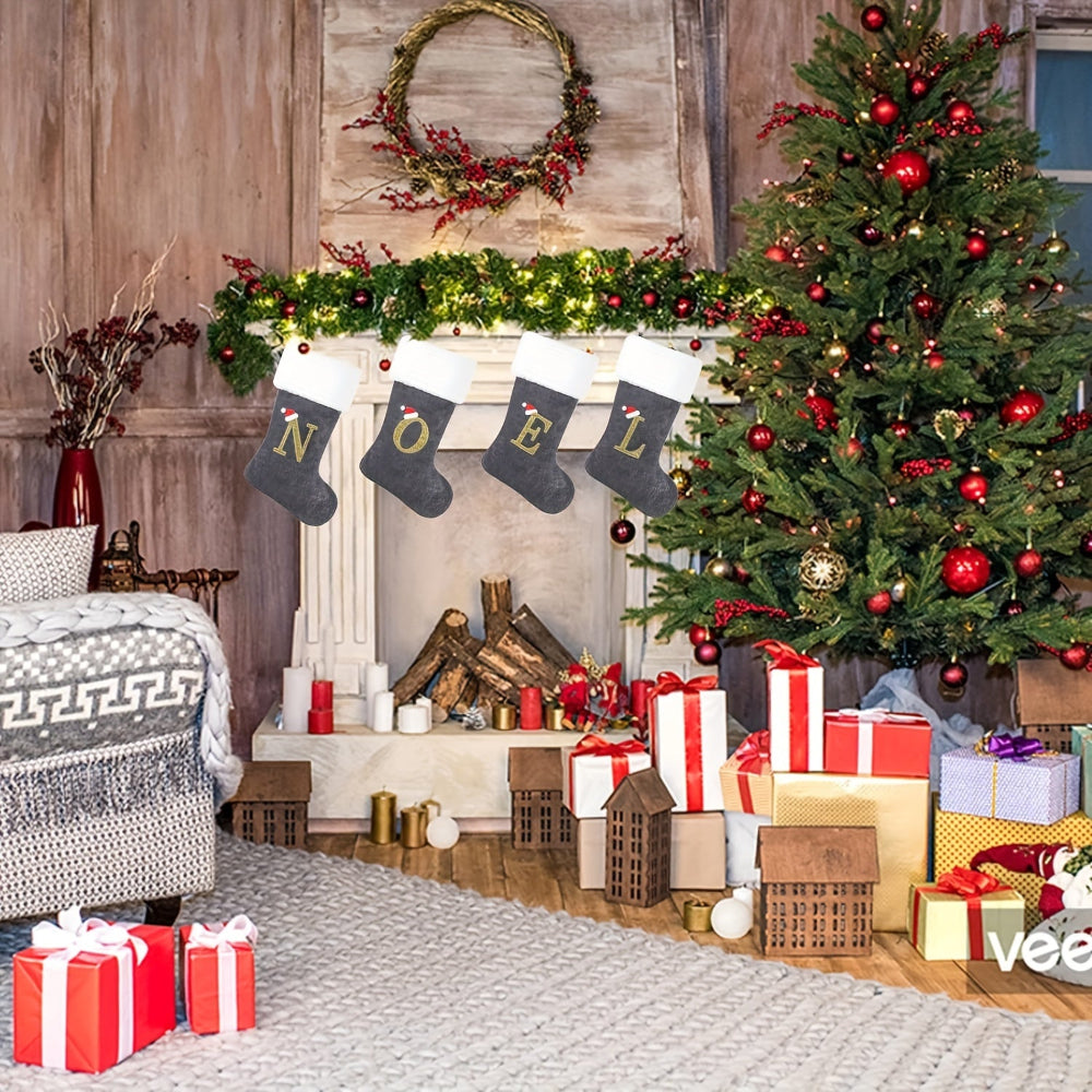 VelvetMonogram | Stylish Personalized Gray Christmas Stocking Decoration 4