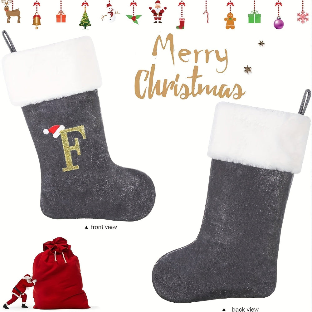 VelvetMonogram | Stylish Personalized Gray Christmas Stocking Decoration 6