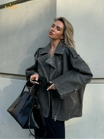 Women's Grey Loose Suede Jacket with Zipper Pockets – Casual Long-Sleeved Autumn Coat 0