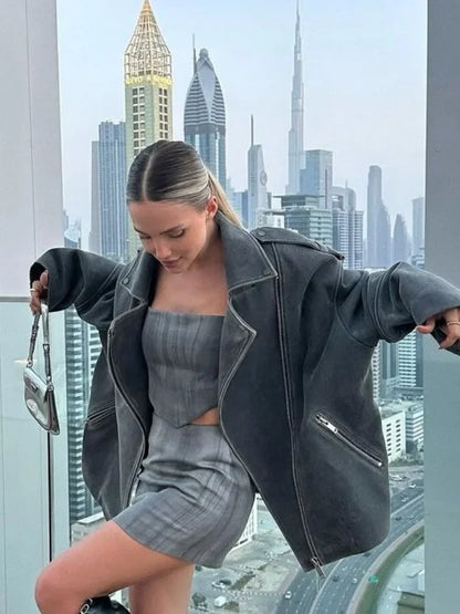 Women's Grey Loose Suede Jacket with Zipper Pockets – Casual Long-Sleeved Autumn Coat 1