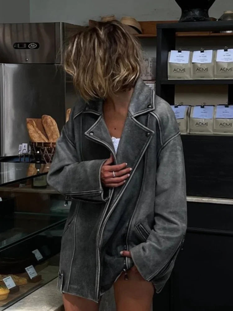 Women's Grey Loose Suede Jacket with Zipper Pockets – Casual Long-Sleeved Autumn Coat 5