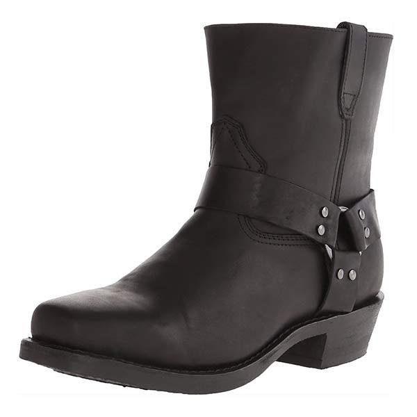 Women's Mid-Cut Black Leather Biker Boots with Harness Detail – Durable and Stylish 8