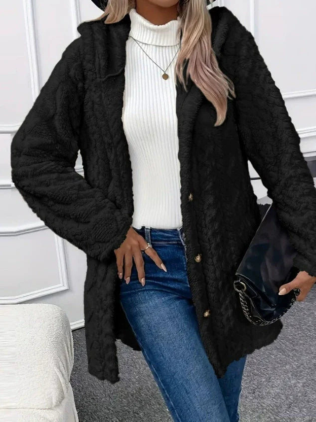 Women's Oversized Hooded Long Jacket in Textured Fleece – Cozy Winter Coat for Casual Style 0