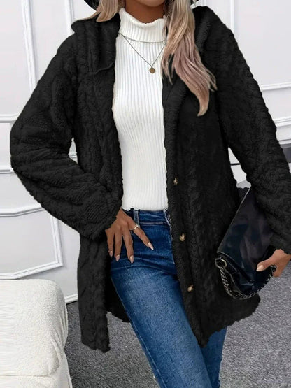 Women's Oversized Hooded Long Jacket in Textured Fleece – Cozy Winter Coat for Casual Style 0