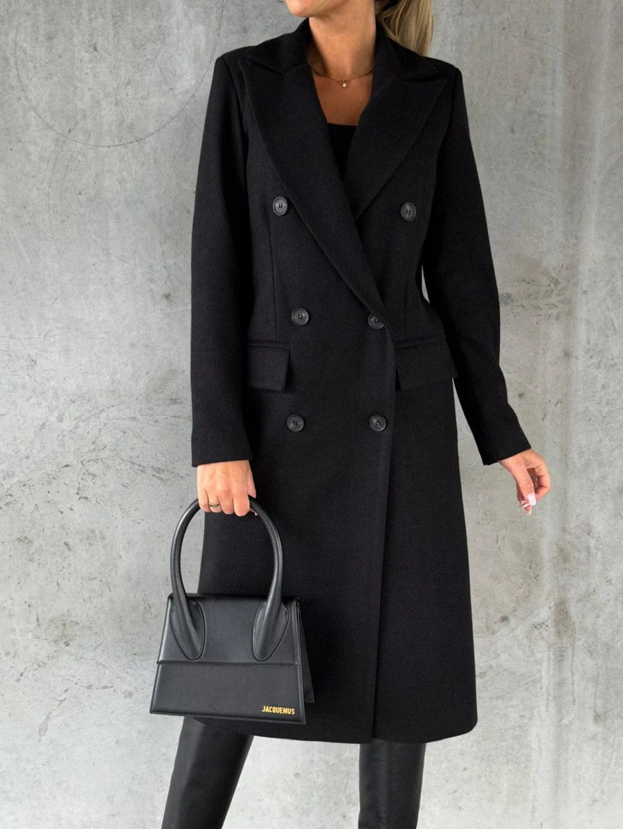 Women's Wool Blend Longline Coat with Double-Breasted Design and Notched Lapels - Winter Coat 0