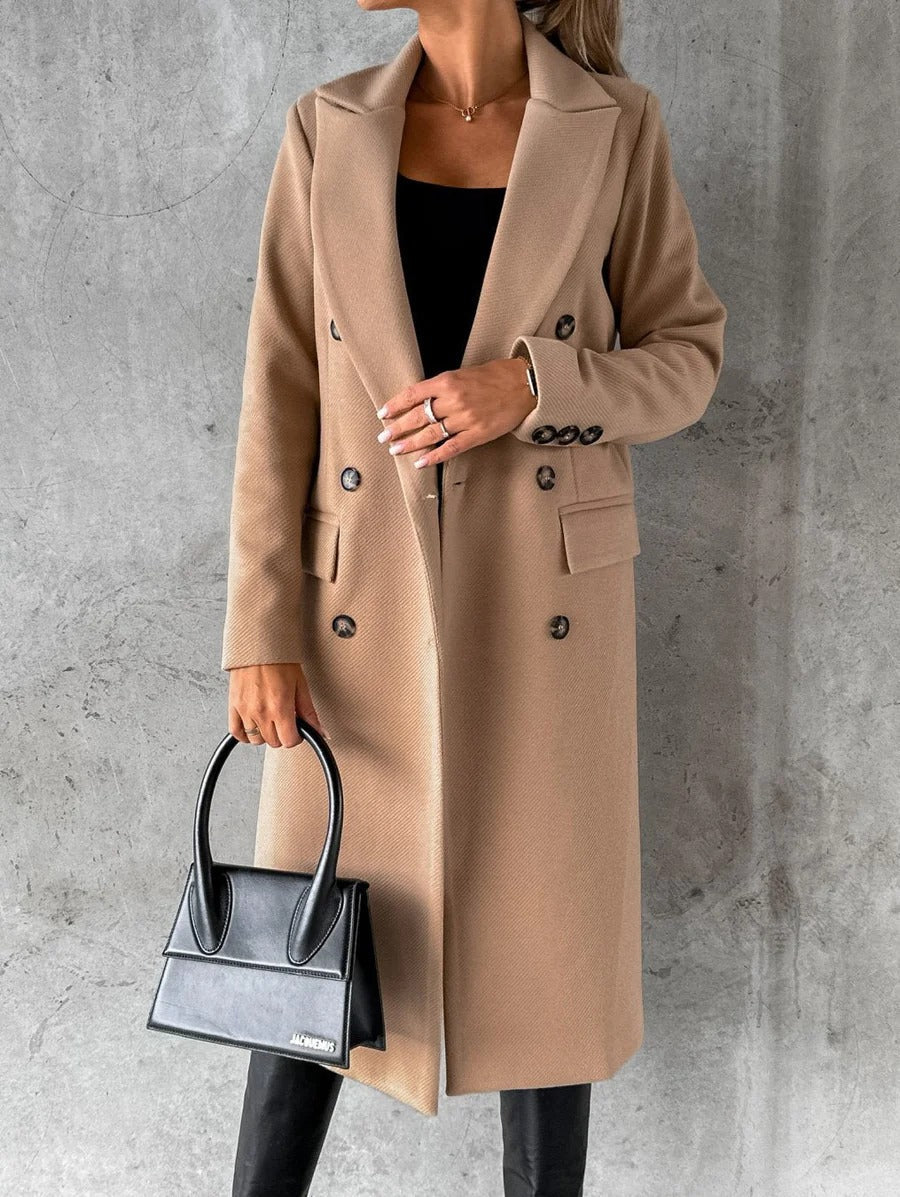 Women's Wool Blend Longline Coat with Double-Breasted Design and Notched Lapels - Winter Coat 1