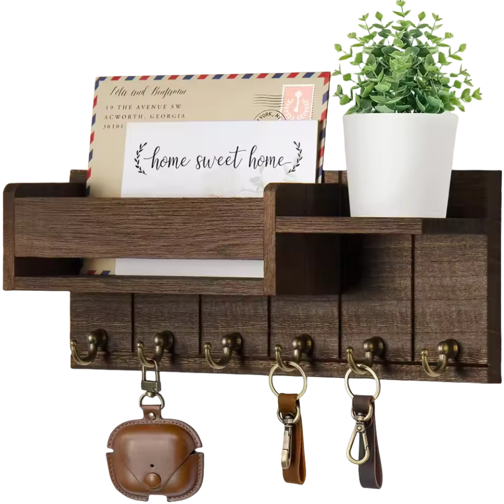 WoodCraft | Stylish Solid Wood Wall Organizer with Hooks and Shelves 0