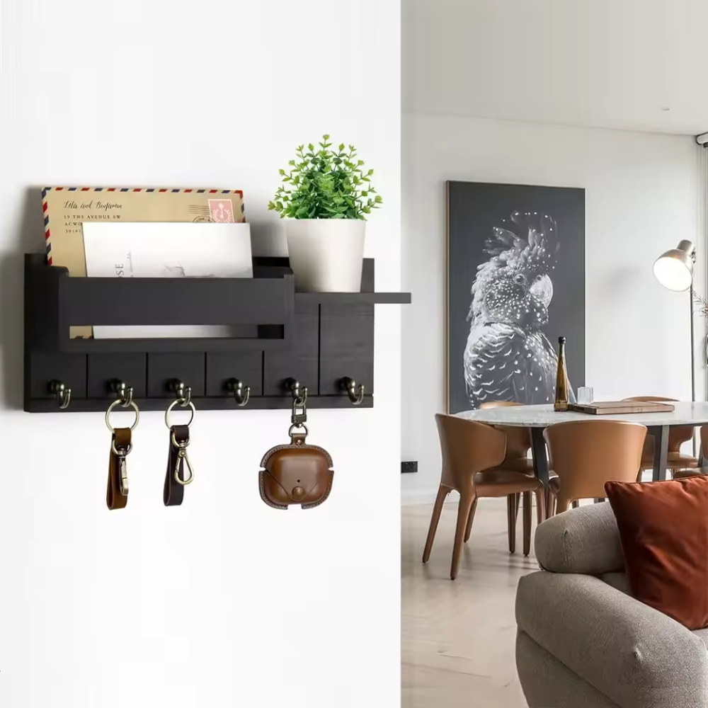 WoodCraft | Stylish Solid Wood Wall Organizer with Hooks and Shelves 3