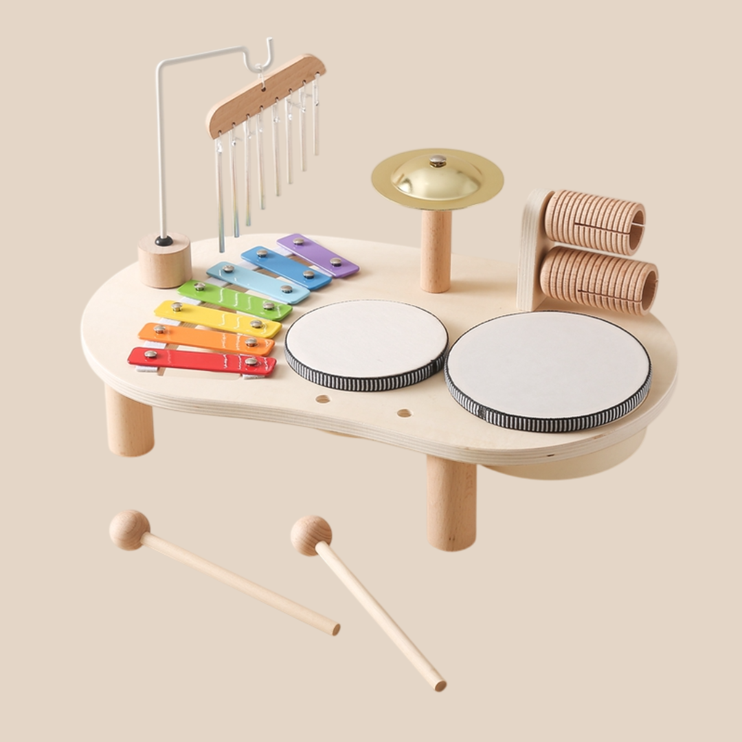 Wooden Music Table for Kids - Educational Musical Instrument with Drums, Xylophone, and Rattles 1