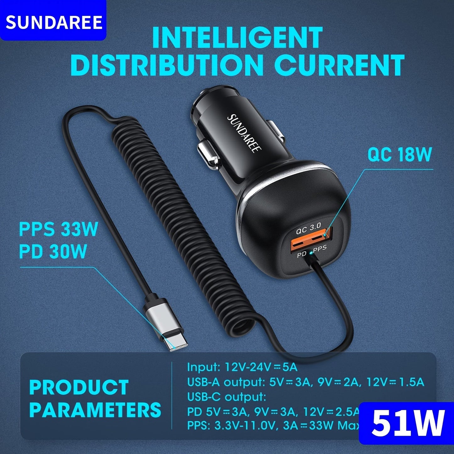 Fast USB-C Car Charger with 51W Power, 3 Ports and QC 3.0 Technology for Multiple Devices Charging-2