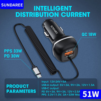 Fast USB-C Car Charger with 51W Power, 3 Ports and QC 3.0 Technology for Multiple Devices Charging-2