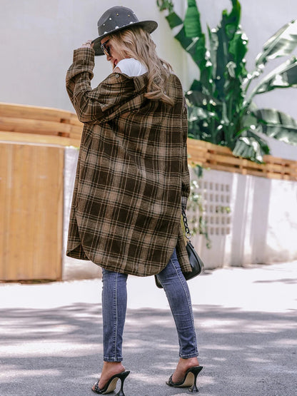 Women's Plaid Wool Blend Long Coat with Lapel Collar - Loose Fit Winter Coat for Casual and Business Wear