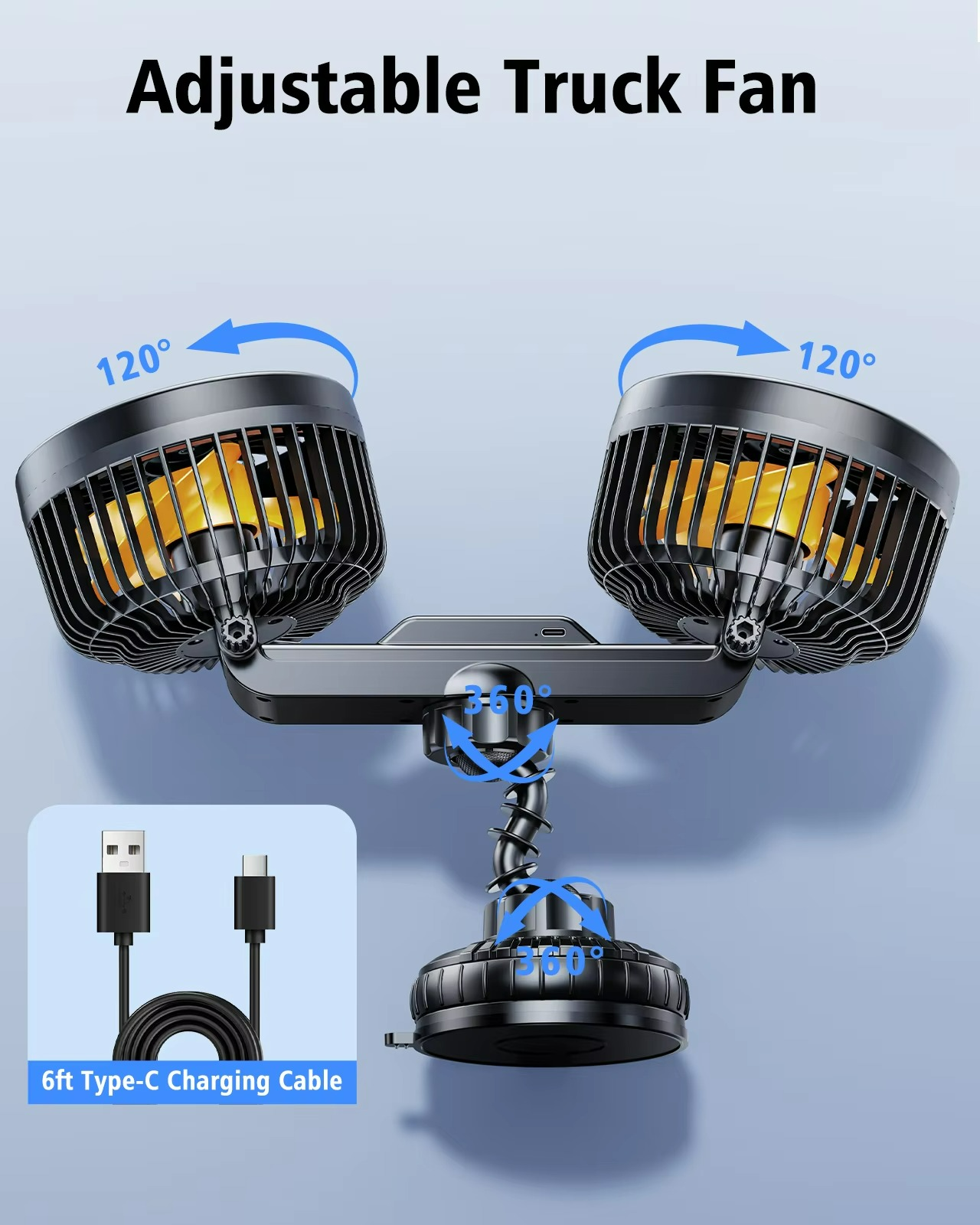 Car Dual Head Fan With Powerful Suction Cup