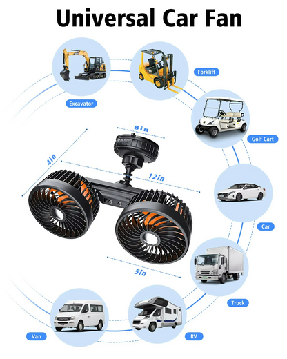 Car Dual Head Fan With Powerful Suction Cup
