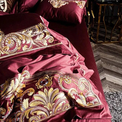 RoyalFier – Elegant Red and Gold Egyptian Cotton Duvet Set for Ultimate Luxury