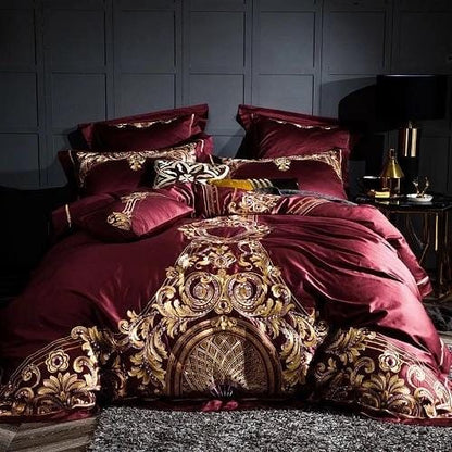RoyalFier – Elegant Red and Gold Egyptian Cotton Duvet Set for Ultimate Luxury