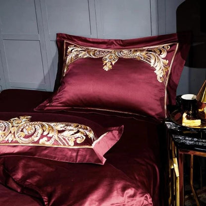 RoyalFier – Elegant Red and Gold Egyptian Cotton Duvet Set for Ultimate Luxury