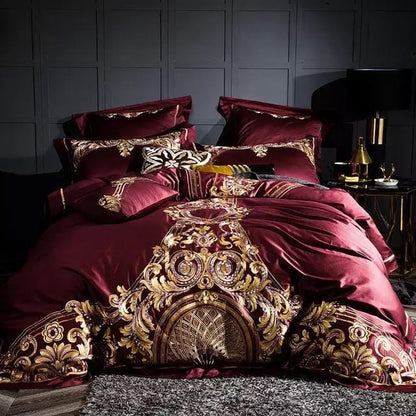 RoyalFier – Elegant Red and Gold Egyptian Cotton Duvet Set for Ultimate Luxury