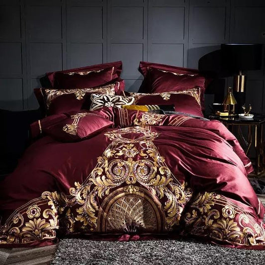 RoyalFier – Elegant Red and Gold Egyptian Cotton Duvet Set for Ultimate Luxury