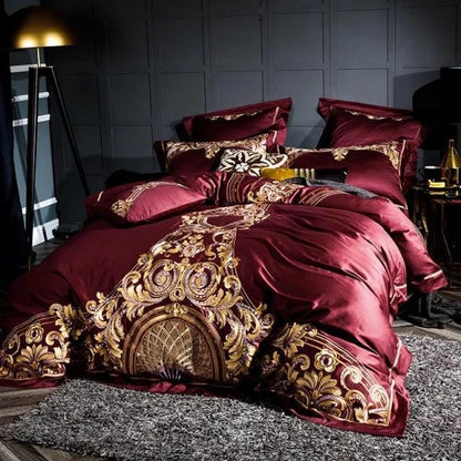 RoyalFier – Elegant Red and Gold Egyptian Cotton Duvet Set for Ultimate Luxury