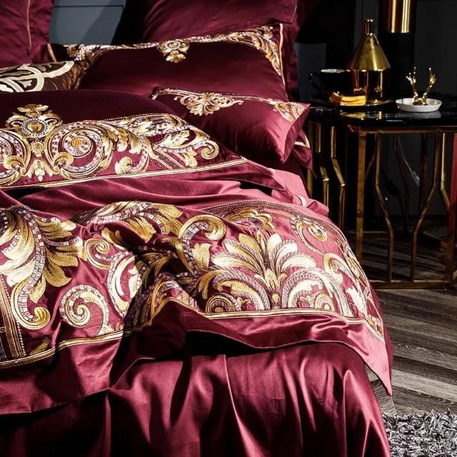 RoyalFier – Elegant Red and Gold Egyptian Cotton Duvet Set for Ultimate Luxury