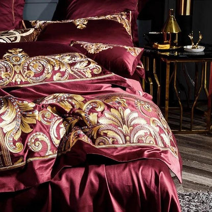 RoyalFier – Elegant Red and Gold Egyptian Cotton Duvet Set for Ultimate Luxury