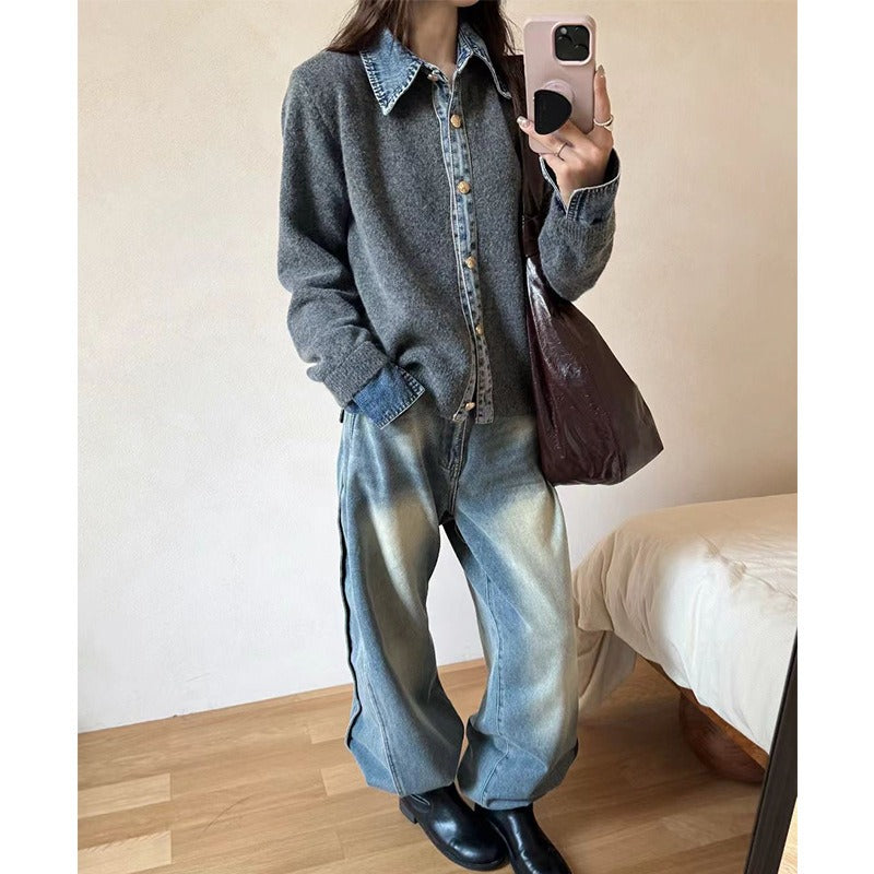 Demi | Denim Collar Metal Button V-Neck Knit Top