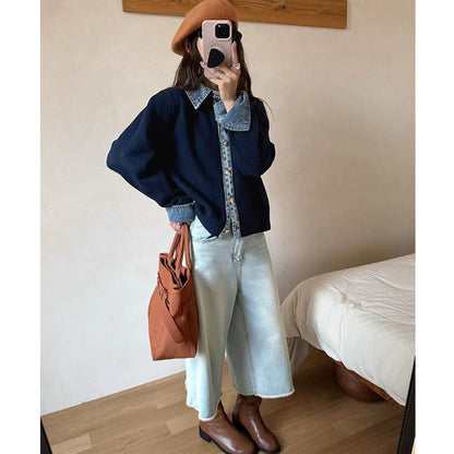 Demi | Denim Collar Metal Button V-Neck Knit Top