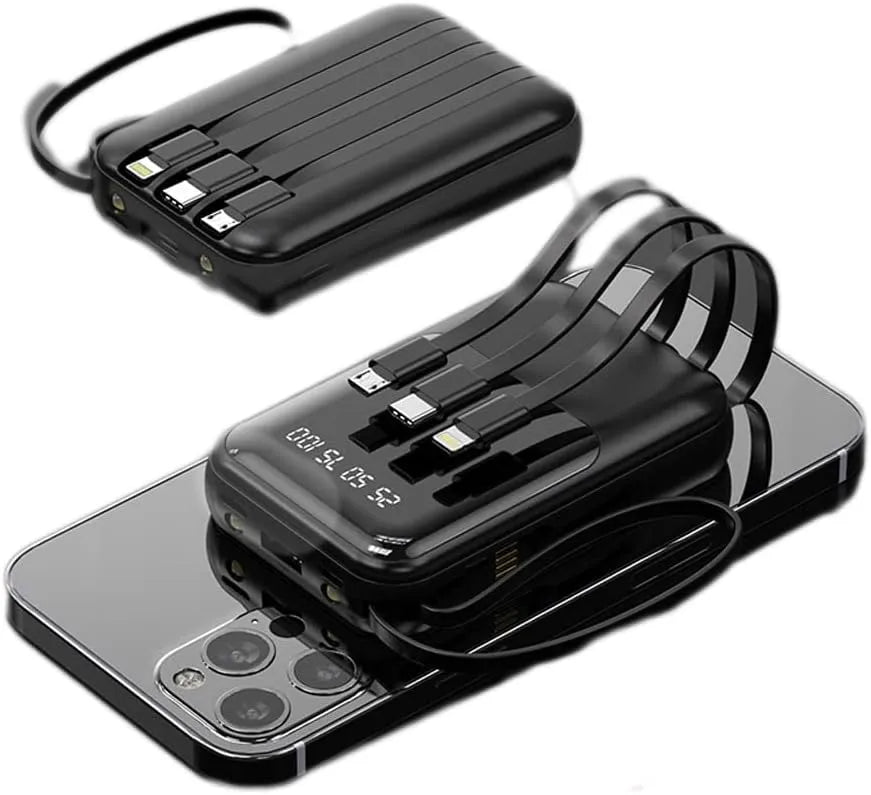 10000mAh Portable Power Bank with Fast Charging and Built-in Cables – Compact Phone Charger with LED Display