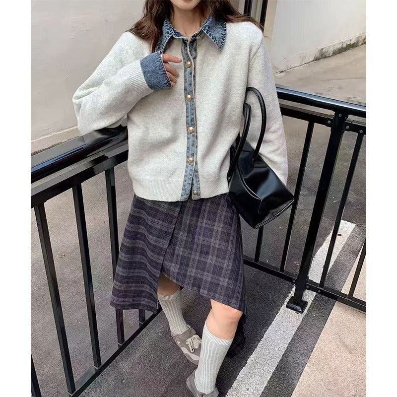 Demi | Denim Collar Metal Button V-Neck Knit Top