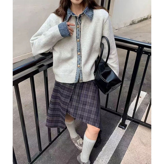 Demi | Denim Collar Metal Button V-Neck Knit Top