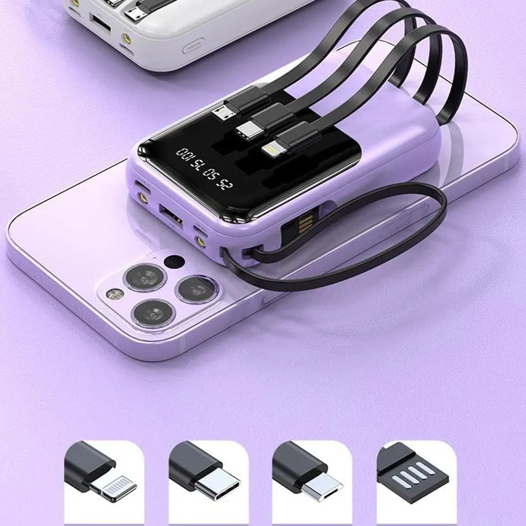10000mAh Portable Power Bank with Fast Charging and Built-in Cables – Compact Phone Charger with LED Display