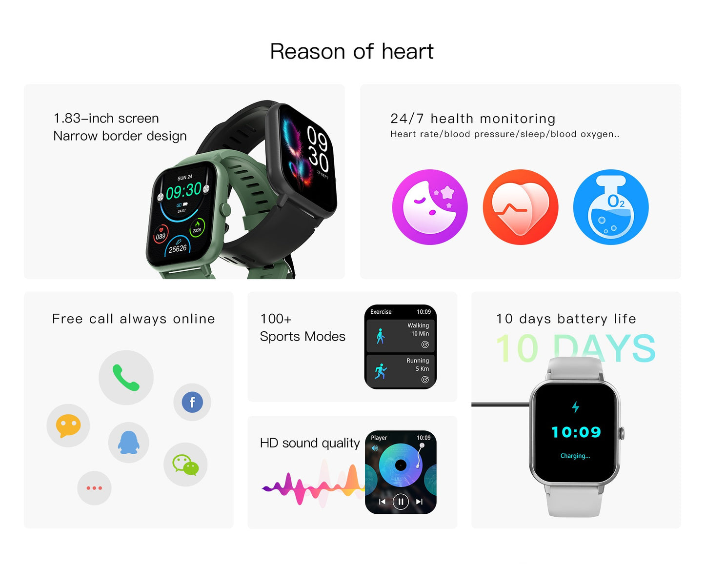 Smartwatch with Heart Rate Monitor and 10 Sports Modes – Slim Design, Compatible with All Smartphones
