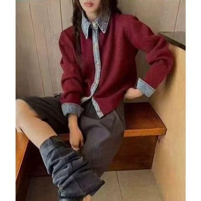 Demi | Denim Collar Metal Button V-Neck Knit Top