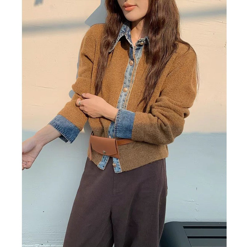 Demi | Denim Collar Metal Button V-Neck Knit Top