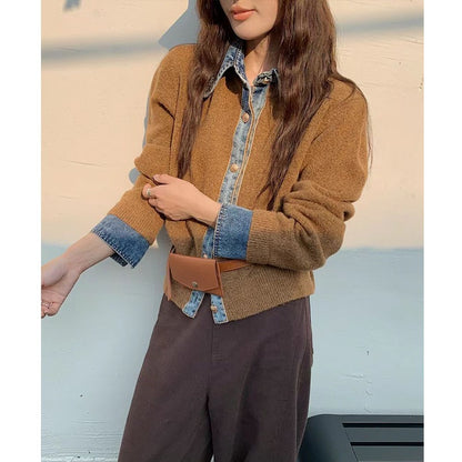 Demi | Denim Collar Metal Button V-Neck Knit Top