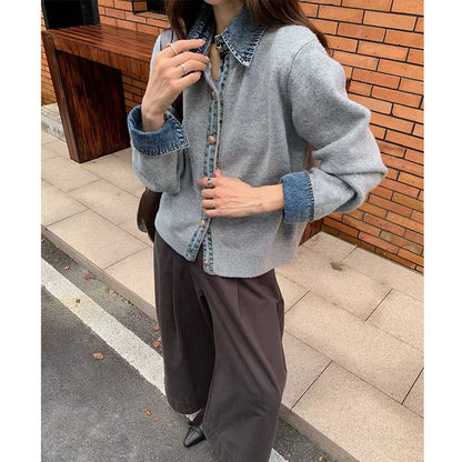 Demi | Denim Collar Metal Button V-Neck Knit Top