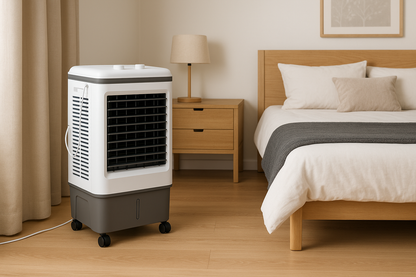 Industrial Evaporative Cooler – 4-in-1 Air Fan with 12-Gallon Water Tank & Easy-Roll Wheels | High Volume Flow | For Workshops & Garages